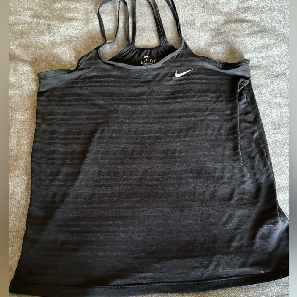 NIKE Dri Fit‎ Striped Black Fabric Criss Cross Double Strap Back Tank Top XS - Picture 2 of 9